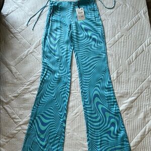 Zara women’s Blue and Turquoise Swirl satiny pant. Hippie BoHo disco 70s.